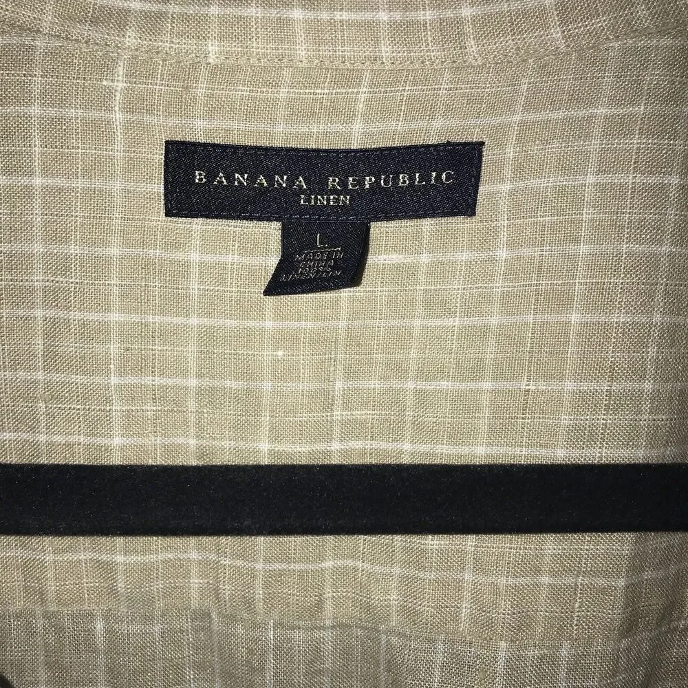 Banana Republic Shirt Tan White Plaid‎ 100% Linen Short Sleeve Button Up Men's